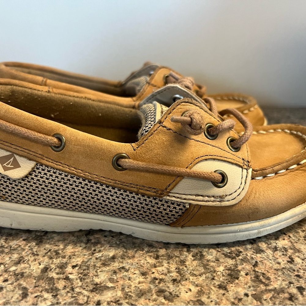Sperry Shoresider Jr Boat Shoes Kids Tan Leather Memory Foam Size 13M - Picture 4 of 6